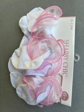 Shabby Chic White Baby Socks with Pink Ruffle Edge - 6 Pack Size 6-12 Months